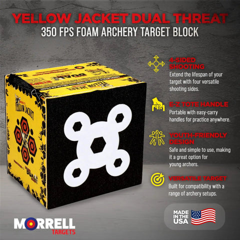 Yellow Jacket Dual Threat Foam Archery Target Block Up To 350 FPS with four-sided design and 32 bullseyes in yellow and black.