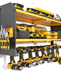 Pro Grade Power Tool Organizer With Charging Station Wall Mount And Surge Protected Power Strip For Garage Organization Cordless Drill And Battery Holder Yellow Shelf showing tools and accessories neatly stored.