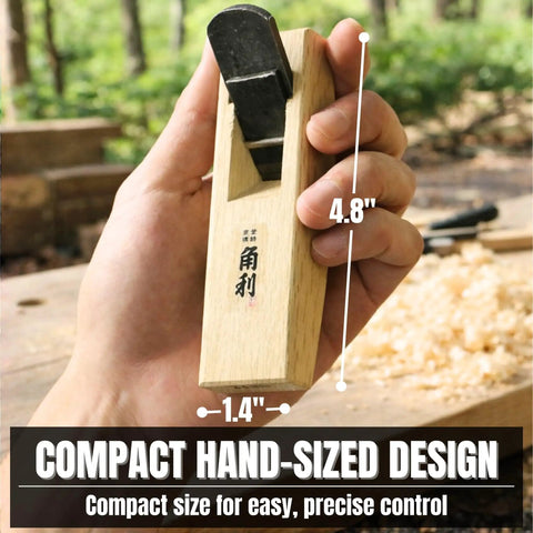 Person holding Mini Wood Hand Plane With Curved Sole For Round Surfaces The Handy Small Block Plane For Smoothing And Fine Detailing In Woodworking Pro Grade Japanese Steel Blade Great For Instruments And DIY Projects showcasing compact size.