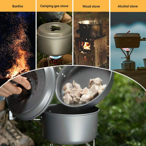 Ultra Light Camping Cookware Mess Kit With Lightweight Aluminum Pots for open fire and various stove cooking.