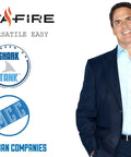 Person in suit next to logos of Instafire, Shark Tank, and Mark Cuban Companies, related to Emergency Fire Starter Pouches For Camping And Outdoor Adventures.