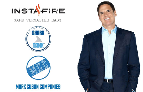 Person in suit next to logos of Instafire, Shark Tank, and Mark Cuban Companies, related to Emergency Fire Starter Pouches For Camping And Outdoor Adventures.