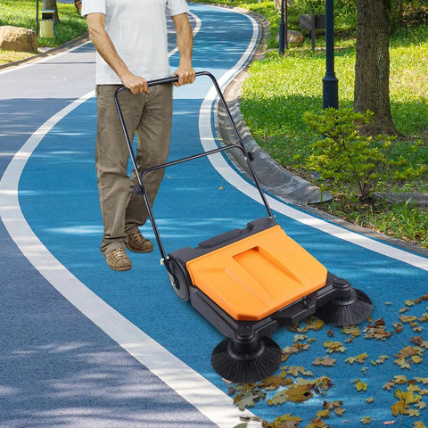 Heavy Duty 26 Inch Walk Behind Floor Sweeper With Foldable Handle And Sturdy Nylon Brushes For Durable Home Garage Cleaning Use No Electricity Needed Easy Maneuver Sweep
