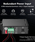 Industrial Din Rail PoE Switch with four redundant power inputs and DC2.1 interface, featuring connection and overcurrent protection.