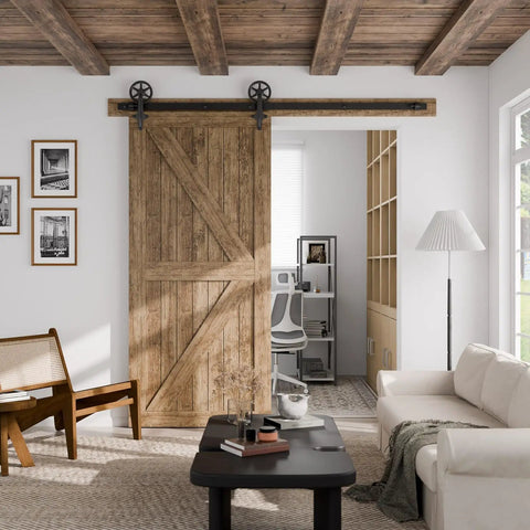 Installed 7.5Ft Heavy Duty Sliding Barn Door Hardware Kit With Quiet Smooth Operation For 45 Inch Door Panels Big Spoke Wheel Hanger