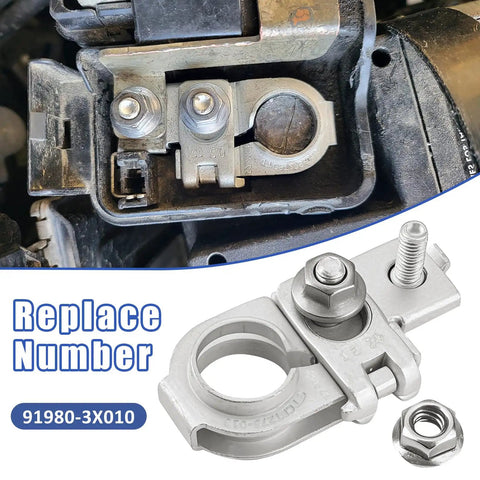 Top Shelf Positive Car Battery Terminal Connector With Solid Nuts For Hyundai Accent Azera Veloster Genesis G80 G90 Kia Sedona Soul Rides 2015 Through 2020 Tough Swap Out, showing steel connector and nuts.