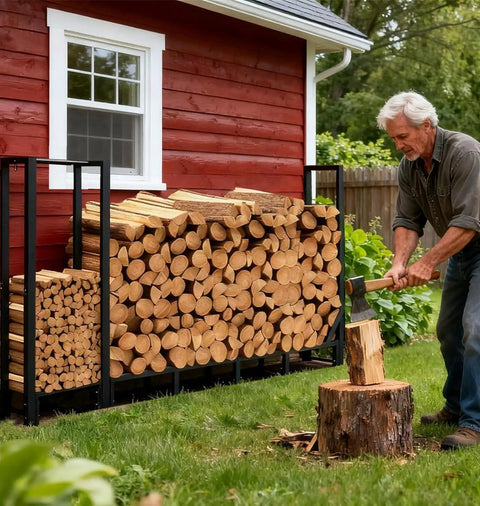 Man chopping wood beside Beefy 8Ft Firewood Rack With Heavy Duty Metal Frame And Built In Kindling Storage For Indoor And Outdoor Use