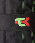 Close-up of Go Kart Racing One Piece Cordura Suit For Adults Black XXL With logo and stitching detail.