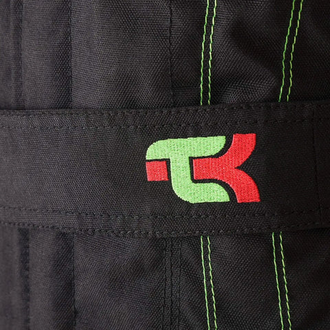 Close-up of Go Kart Racing One Piece Cordura Suit For Adults Black XXL With logo and stitching detail.