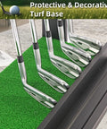 Close-up of wooden golf putter stand with turf base holding multiple clubs indoors