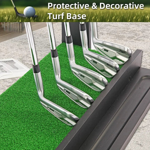 Close-up of wooden golf putter stand with turf base holding multiple clubs indoors