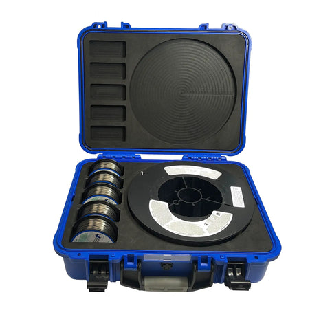 MIG GMAW Wire Storage Case lockable airtight lightweight organizer for welders holds five 1-2 lb spools and one 33 lb spool in blue