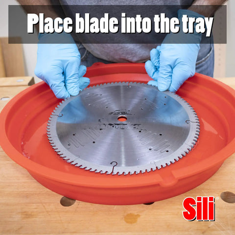 Deluxe Saw Blade Cleaning Kit With Silicone Tray And 18oz Spray Cleaner Includes Trend Tool And Bit Cleaner Fulton Wire Brush Set And All In One Blade Care For Rust Removal And Mess Free Maintenance Up To 12 Inches Pro Grade, showing blade placed in red silicone tray