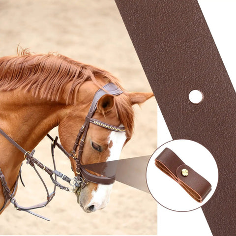 Brown horse wearing Six Piece Breakaway Halter Replacement Straps For Horses Leather Brown Tough Breakaway Halter Straps Set.