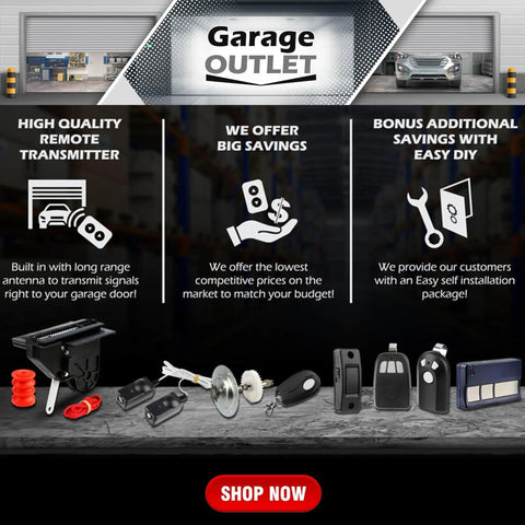 Display of various garage door opener remote options with high quality transmitter and easy DIY installation offers.