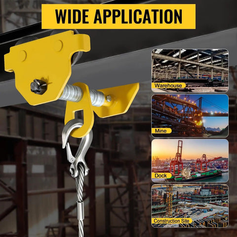Beefy Heavy Duty Beam Trolley Hoist For 3 Ton Load Capacity Up To 6600 Lbs With Dual Track Rollers And Adjustable 2.5 To 5 Inch Flange For I Beam Steel Lifting And Precise Manual Or Electric Positioning on I-beam with hook