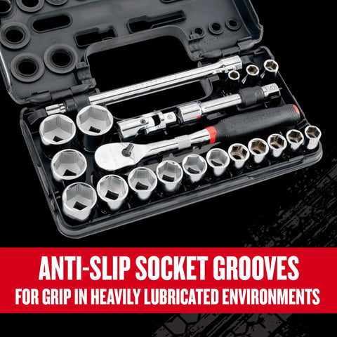 V Series Shallow SAE Socket Set Half Inch Drive 21 Piece With Six Point Sockets Off Corner Construction For Maximum Torque