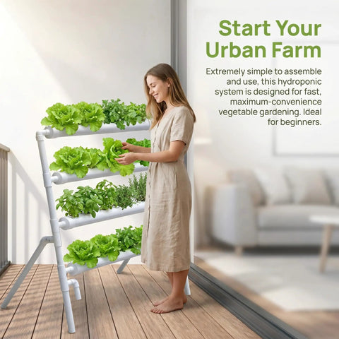 Vertical Grow Kit With 36 Sites For Leafy Greens, Four Layer PVC System in urban home setting