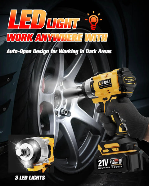 Cordless Impact Wrench 800Nm High Torque Beefy Brushless Motor 1/2 Inch Drive 3300 RPM with LED lighting working on car wheel