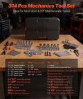 314 Piece Mechanic Tool Set Built Like A Tank With 1/4 3/8 And 1/2 Inch Drive Metric Sockets arranged in storage box on a workbench.