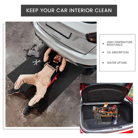 Mechanic using Garage Floor Mat For Oil Spills 29 By 36 Inches Reusable And Washable Oil Absorbent Pad with Waterproof Backing under car