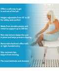 Elderly woman sitting on adjustable height shower bench and transfer chair for elderly and disabled with tool-free setup.