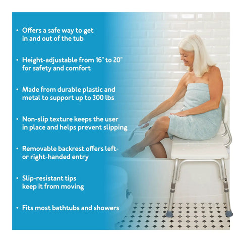 Elderly woman sitting on adjustable height shower bench and transfer chair for elderly and disabled with tool-free setup.
