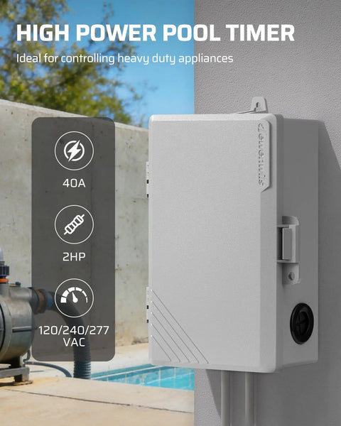 Heavy Duty No-Fuss 2HP Pool Timer Box With 7 Day Scheduling, 20 On Off Slots, 120-277 VAC, ETL Listed, mounted on wall