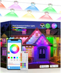 Colorful LED outdoor lights and packaging showing a smartphone app and remote control for home illumination.