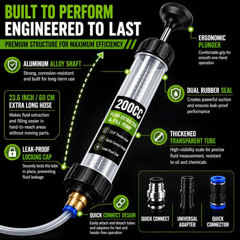 Heavy Duty Manual Fluid Extractor Pump Featuring Two Flexible Hoses For Rapid Engine Oil Brake Fluid And Coolant Transfer, with 200cc capacity.
