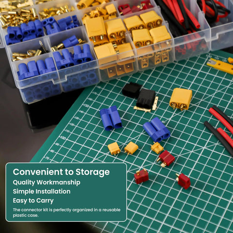 RC Battery Connector Adapters Pack With T Plug EC3 XT30 XT60 Male And Female Adapters 14 AWG Silicone Wire And Heat Shrink Tubing 62 Pack For ESCs And LiPo Battery Motors displayed on a green cutting mat