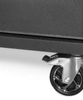 Close-up of a wheel on the 52 Inch Premium Rolling Tool Cabinet With Beefy 21 Gauge Powder Coated Steel Heavy Duty Build Nine Lockable Soft Close Drawers With 100 Lb Capacity Size 52W 18D 37H Inches Ideal Garage Workshop Storage Black.