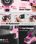 Image of Knockout 20V Cordless Pink Drill Set For Women, detailing features like variable speed trigger and quick bit replacement.
