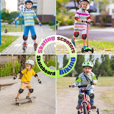 Children wearing All In One Kids Protective Gear Set 6 In 1 Knee Pads Elbow Pads Wrist Guards For Ages 3 To 14 Boys Girls adjustable for various activities.