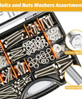 Built Like Iron 456 Piece Stainless Steel Bolt And Nut Assortment Kit Packing heavy duty hex fasteners organized in a carrying case.