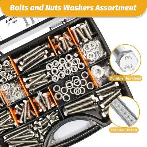 Built Like Iron 456 Piece Stainless Steel Bolt And Nut Assortment Kit Packing heavy duty hex fasteners organized in a carrying case.