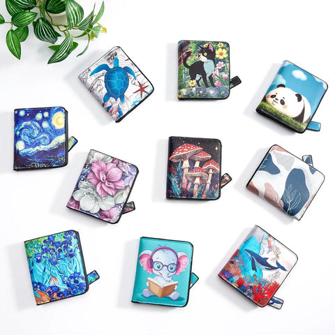 Assorted Slim Floral RFID Wallet For Women, Vegan Leather Bifold With Zipper Coin Pocket And ID Window with various printed designs.