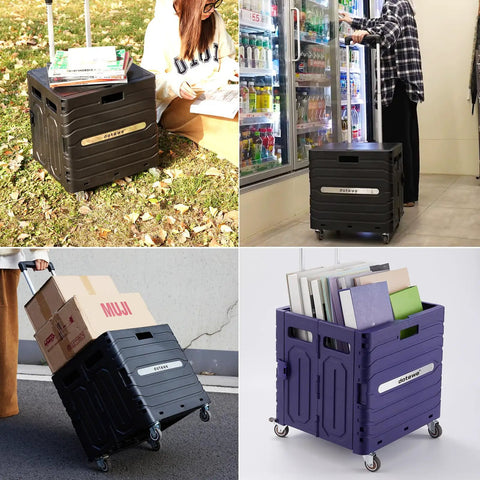 Foldable Utility Cart On Wheels With Lid Heavy Duty Handcart For Grocery Garden Office And Storage Collapsible Trolley Portable 100 Lb Capacity Easy Fold Smooth Rolling Haul in use, indoors and outdoors.