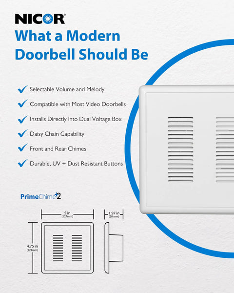 PrimeChime Plus 2 Electric Doorbell Kit For Home, wiring diagram and product features displayed on a white background.