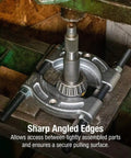 Bearing Separator And Splitter Tool For Gears And Bearings, 1/2 Inch To 4-5/8 Inch, in use with sharp angled edges shown.