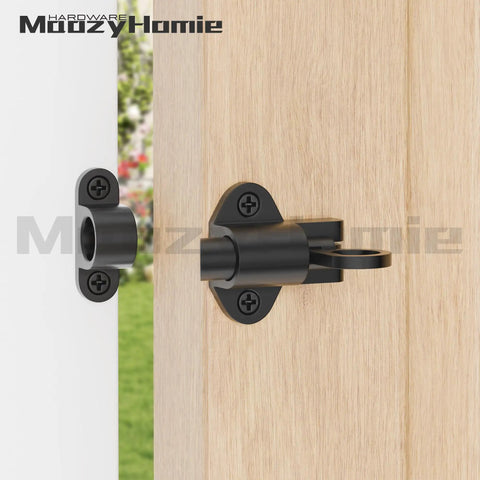 Heavy Duty Self Closing Gate Latches Matte Black Rust Proof Slide Bolt mounted on a wooden door with secure design.