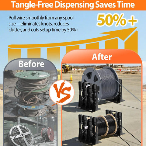 Comparison of tangled vs. organized setup with Heavy Duty Wire Dispenser Rack And Workstation For 34 Inch Reels, 400 Lb Pro Grade Steel Spool Holder