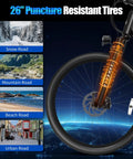 Powerful 1000W Peak Electric Bike For Adults, 26 Inch Ebike showing puncture-resistant tires on diverse terrains