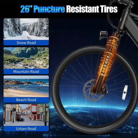 Powerful 1000W Peak Electric Bike For Adults, 26 Inch Ebike showing puncture-resistant tires on diverse terrains