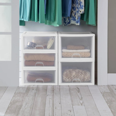 6 Pack 16 Quart Stacking Storage Drawers For Closet Organization, Clear Plastic Modular Drawers With White Frame, Stackable Organizer For Clothes, Shoes, Accessories, Craft Supplies, Linens in closet setup