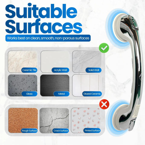 No Tool Suction Cup Grab Bar For Bathtubs And Showers Portable Chrome 16 Inch Bath Safety Handle next to suitable surfaces chart