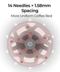 14 Micron Needles on 58mm WDT Tool for Espresso Distribution, showing uniform coffee bed arrangement.