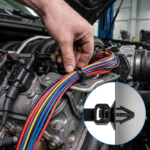 Hand using 200 Piece All In One Wire Loom Routing Clip Kit For Automotive Wiring Harness Clips And Ties Set 15 Sizes Push Mount Clips