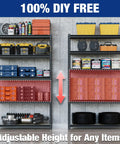 Straight Up Heavy Duty Storage Shelves Rock Solid 5 Tier Black Metal Rack 2180 Lb Capacity Adjustable garage and workshop organizer with tools and storage bins.