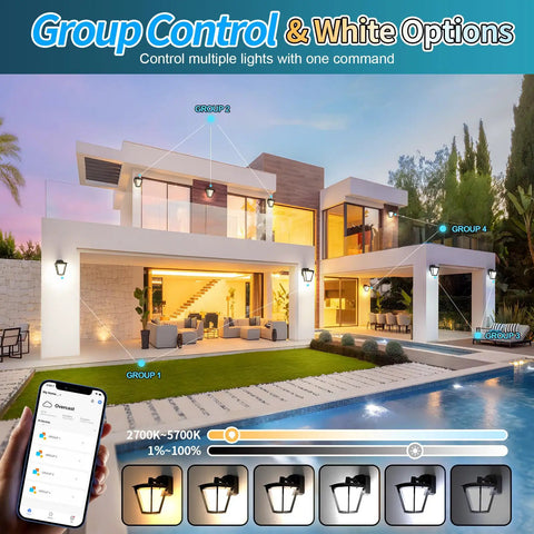 LED porch lights illuminate modern home exterior with smartphone control. Three Color Switchable LED Porch Light With GFCI Outlet And Dusk To Dawn Sensor For Outdoor Wall Use No Bulb Needed Warm White Soft White Daylight Modes Easy Install Front Porch Exterior Lighting.